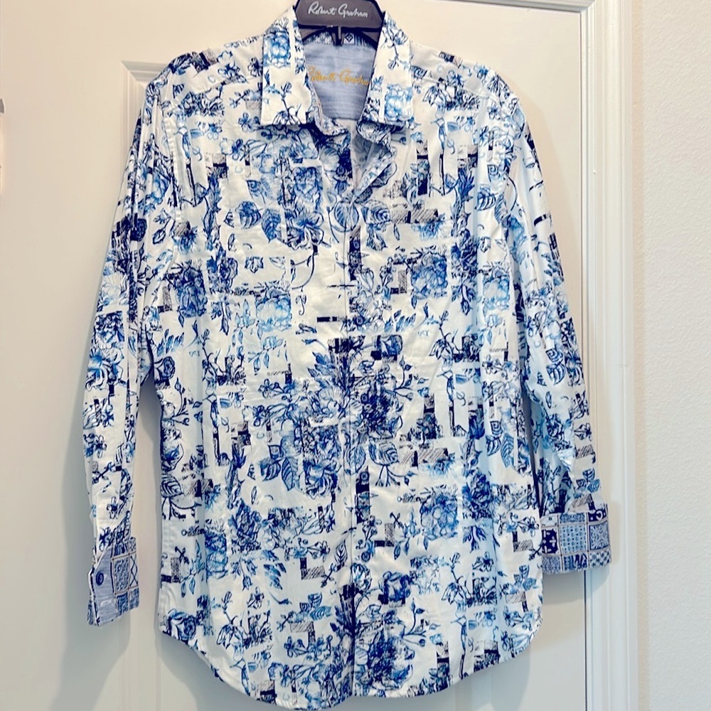 Robert Graham Roses Floral Embroidered Geo printed Shirt Large $278